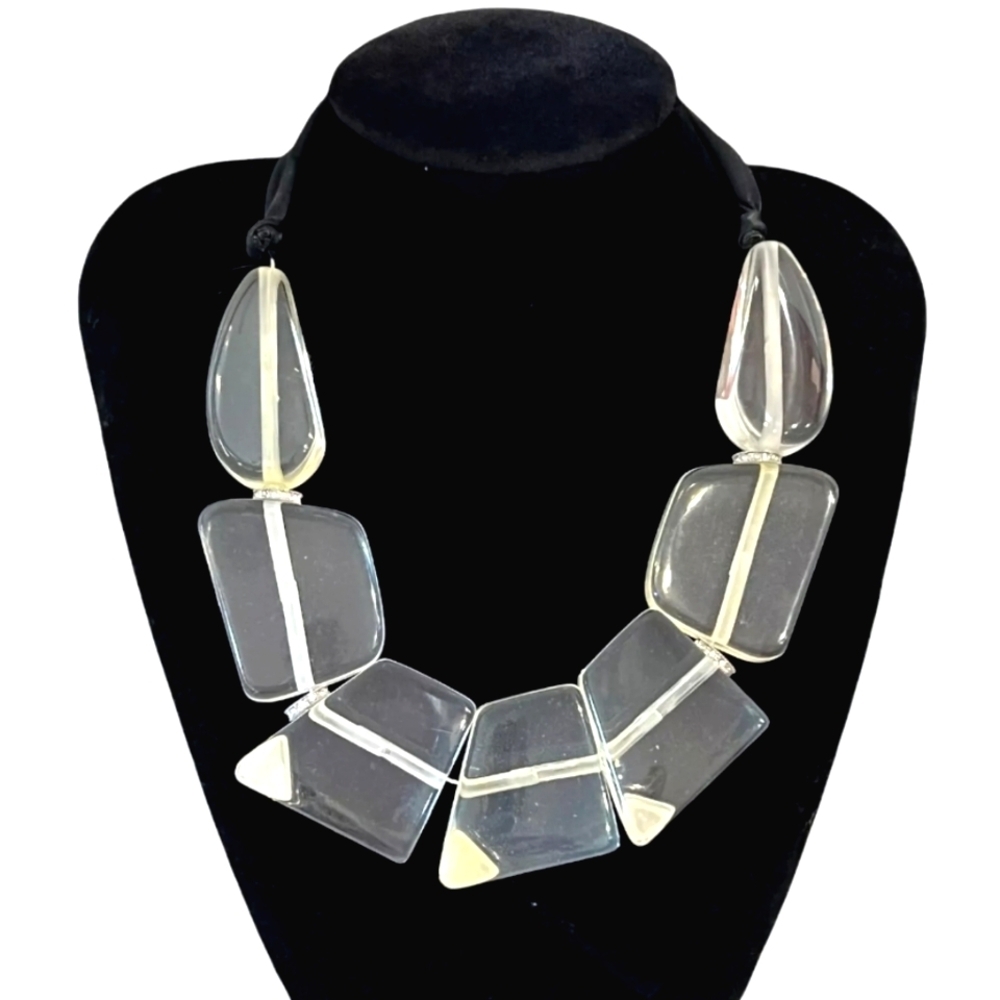 NWT WHBM Clear Lucite Crystal Spacer Silk Ribbon Statement Necklace
